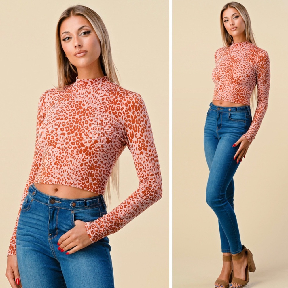 Leopard print mock crop top super soft and stretchy top